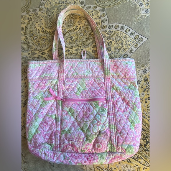 Large Vera Bradley Tote Green & Pink Floral with Green Leopard 🐆 Print - Picture 7 of 13